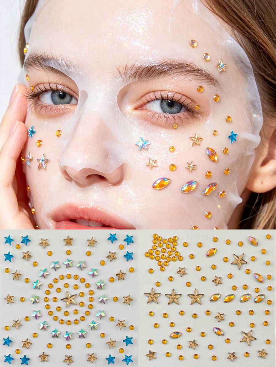 2pcs Star Face Rhinestone Sticker Set, Self-Adhesive Facial & Body Water Diamonds, Rainbow Blue Mixed Color Stars + Pure Gold Star Eye Makeup Glitter, Suitable For Electronic Music Festival, Halloween Party Cosplay
