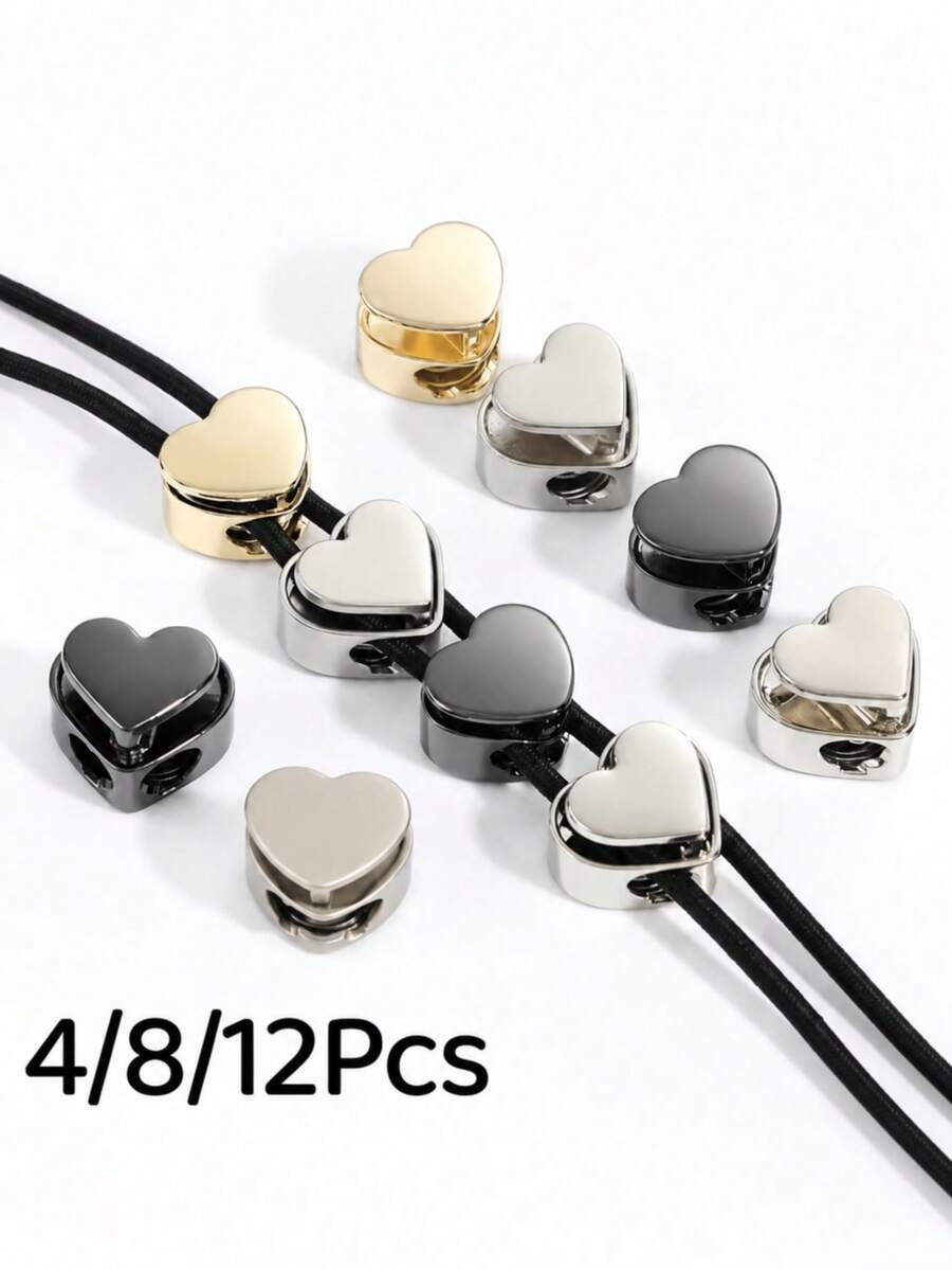 12/8/4/1pc/Set Multi-Functional Heart-Shaped Double-Hole Cord Lock (Silver/Gunmetal/Black), Spring Buckle Adjuster, Commonly Used For Hoodie, Backpack Or Clothing Drawstring Adjustment, Clothing Accessories