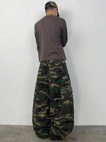 Justice Brother 1 buah Celana Jeans Denim Pria Gaya Jalanan Amerika dengan Desain Personalisasi dan Hiasan Berlian Imitasi, Celana Kargo Multi-Saku, Model Cocoon, Kaki Lebar, Longgar, dan Melengkung (Sabuk/Aksesoris Tidak Termasuk) - MultiWarna - View 6