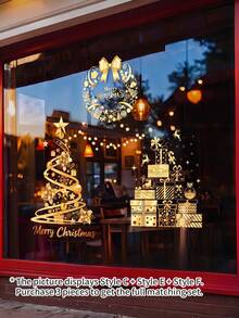 1pc Christmas Gold Window Static Cling Sticker, Christmas Tree / Gift Box / Wreath Pattern Electrostatic Adsorption PVC Window Decal, Glue-Free Easy Removal, Suitable For Home, Bathroom, Shop Glass, Holiday Atmosphere Decoration - Gold - View 4