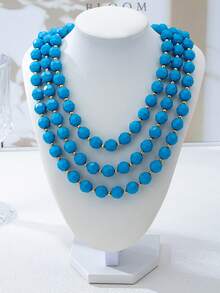 OABE 1pc Bohemian Style Blue Asymmetrical Multi-Layer Beaded Necklace Layered Autumn Outfit Accessory Suitable For Women Daily Wear - Blue - View 3