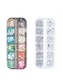 12pcs Mesh Mica Shell Pieces Nail Art Decoration Asymmetric Pearlescent Natural Shell Glitter Marble Nail Accessories DIY Nail Jewelry Nail Gems Nail Supplies (Random Color Shell Pieces + Flat Rhinestones) Nail Art - Multicolor - View 10