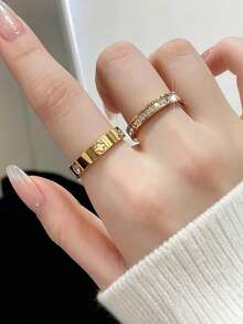 3pcs Stainless Steel Stackable Ring Set, Cubic Zirconia Inlaid Rings, Waterproof Daily Wear Finger Jewelry, Women's Party And Date Jewelry - Gold Four-leaf Clover - View 2