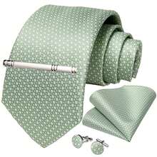 Light Green & White Plaid Men's Tie Set, 4pcs Including Pocket Square, Cufflinks, Silver Tie Clip, Wedding Accessories - Green - View 2