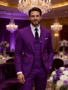 Men's 3 Pieces Suit Set, Solid Color Double-Breasted Vest + Blazer + Trousers, Formal Wedding Party Tuxedo - Purple - View 2