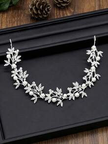 1pc Alloy Rhinestone Flower Leaf Faux Pearl Decorated Fashion Headband, Elegant Hair Accessory Suitable For Wedding, Daily Party And Other Occasions - Silver - View 1