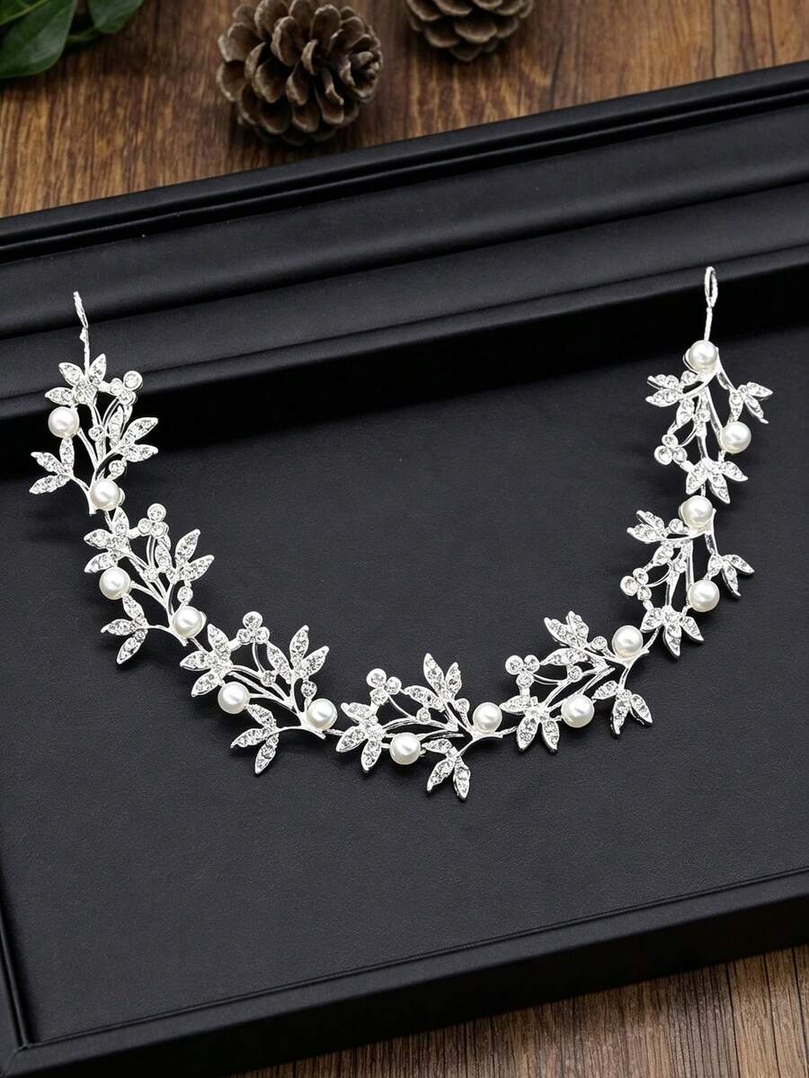 1pc Alloy Rhinestone Flower Leaf Faux Pearl Decorated Fashion Headband, Elegant Hair Accessory Suitable For Wedding, Daily Party And Other Occasions - Silver - View 1