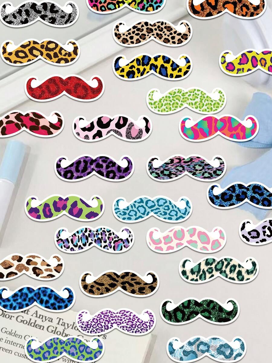 50pcs Colorful Leopard Print Mustache Stickers Decoration Phone Case Refrigerator Planner Notebook Diary Guitar Scrapbook Planner Luggage Helmet Skateboard Laptop Self-Adhesive Decals - Colorful Leopard Print Mustache - View 1