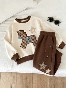 2pcs/Set Kids Plaid Maillard Colorblock Pony Patchwork Star Print Vintage Style Sweatshirt & Pants Set, Y2K Casual Children's Clothing Outfit - Brown - View 5