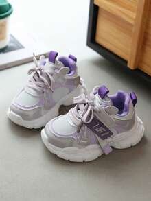 1 Pair Autumn New Girls' Colorblock Functional Chunky Sneakers, Anti-Collision Toe, Hook And Loop Soft Sole Durable Baby Walking Shoes, Sneakers - Purple - View 5