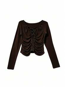 Korean Style Niche Exquisite 3D Ruffle Trim Long Sleeve T-Shirt For Women, Unique Inner Layer Top - Brown - View 3