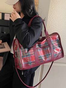 Dedoo 女款旅行托特包，圓筒健身包，格紋圖案，PVC與PU拼接，雙手柄與可拆卸肩帶，大容量，適合短途旅行 - 紅色 - 查看 7