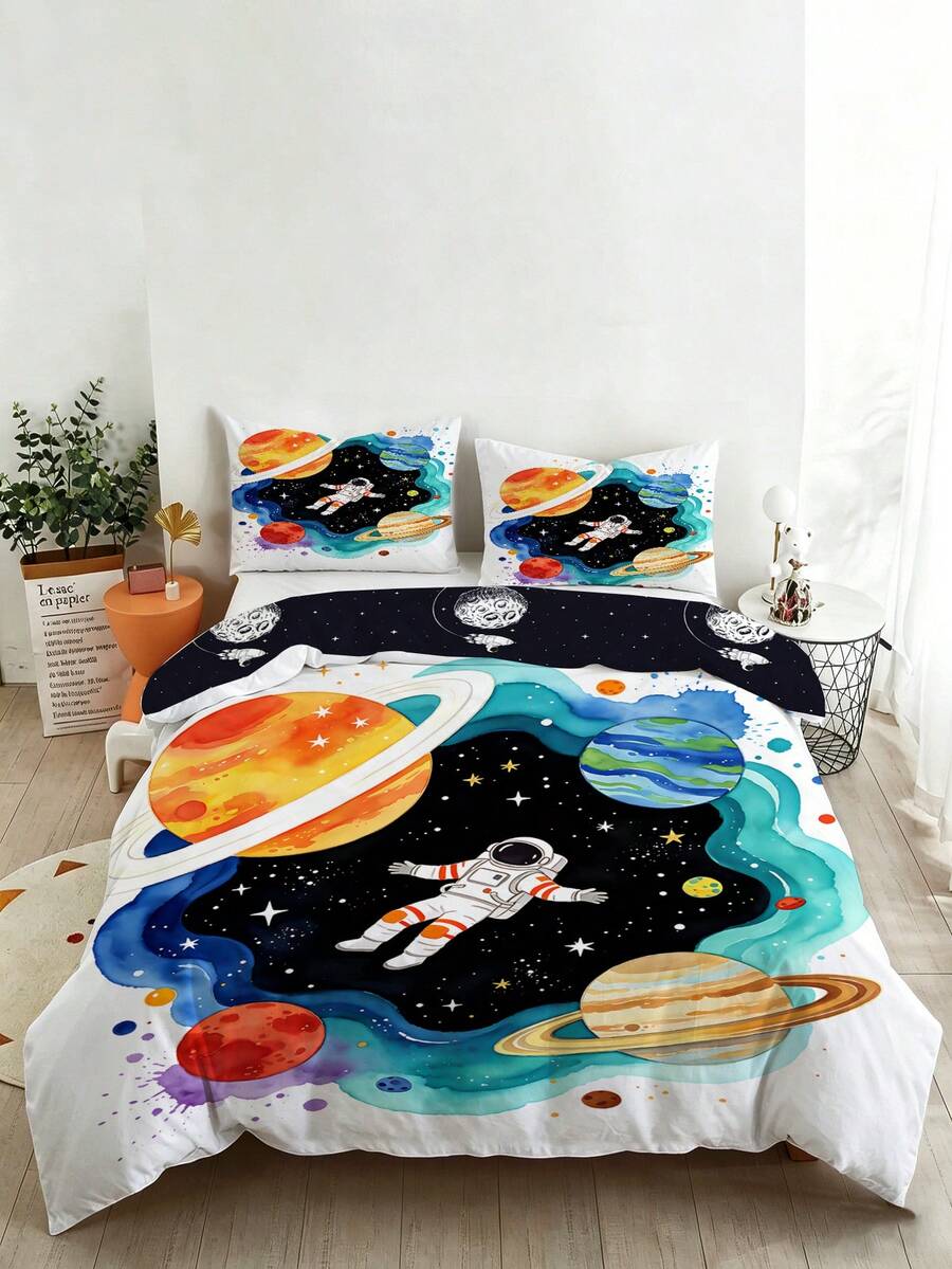 2/3件組可愛水彩太空太空人星系行星印花兒童床上用品套裝,柔軟被套與枕套,適合男孩(單人/雙人/加大/特大尺寸) - 彩色 - 查看 1