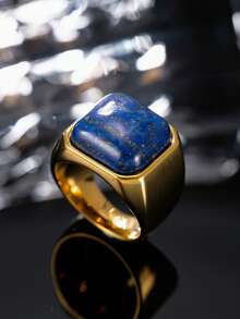 Lapis Lazuli Ring Men's Stainless Steel 18K Gold Plated Minimalist Style Jewelry Daily Wear Holiday Gift - Yellow Gold - View 3