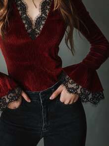 Women's Velvet Deep V-Neck Top, Romantic Burgundy Pleated Velvet Blouse With Black Lace Trim, Ruffle Long Sleeve, Knitted Fabric Ruffle Collar Blouse - Burgundy - View 3