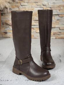 Fall/Winter 2025 Simple & Fashionable Women's Knee High Boots, Non-Slip, Comfortable, Versatile Buckle Decor, British Style, Plus Size - Brown - View 7