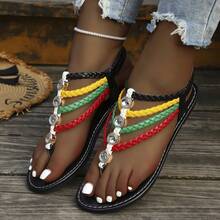 Women's Summer Bohemian Braided Rhinestone Roman Flat Sandals, Casual Vacation Style Versatile Shoes - Black - View 7