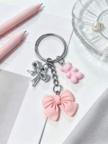 Pink Bow Bear Keychain Silver Metal Bow Bag Charm Key Chain Car Pendant Sweet Girl Backpack Decoration Accessory Birthday Party Small Gift - Silver - View 1