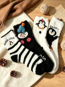 1/4/8 Pairs Cute Penguin And Snowman Plush Mid-Calf Socks, Soft And Warm -Lined Winter House Socks, Comfortable Cartoon-Patterned Sleep Socks - Multicolor - View 3
