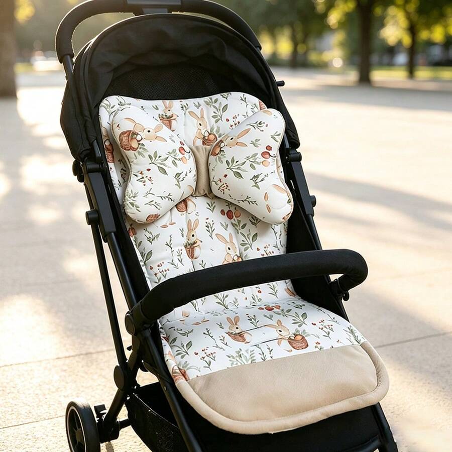 1 buah Bantalan Kursi Kereta Bayi, Bantalan Katun Tebal Motif Kelinci Kartun Musim Gugur/Dingin Nyaman dengan Bantal, Bantalan Kursi Kereta Bayi Bolak-balik untuk Penggunaan Sehari-hari - Seperti yang ditunjukkan pada gambar - View 1
