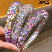 3pcs Random Color Sequin Liquid Glitter Transparent Headband Hair Accessory With Teeth Non-Slip Hair Grip Daily Hair Accessory - Multicolor - View 4