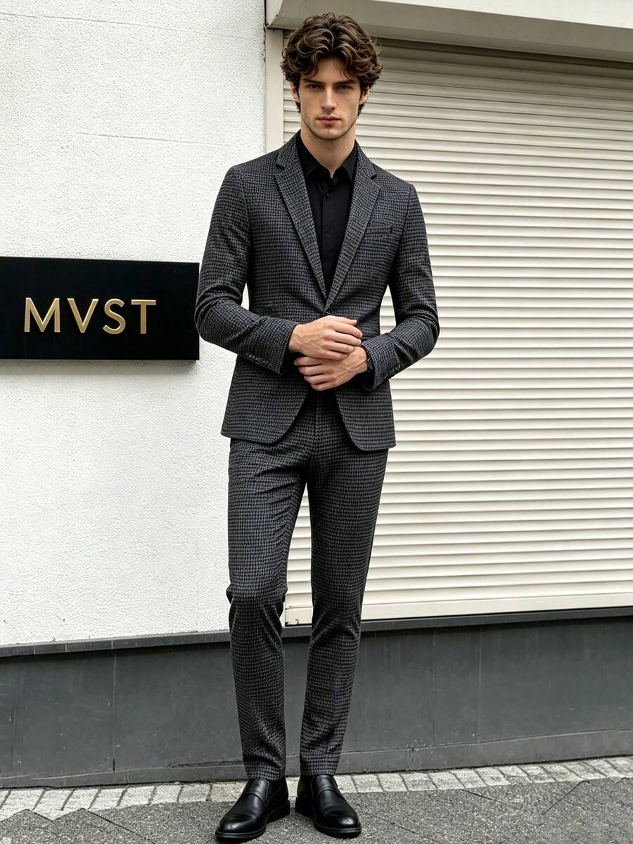 Men's Vintage Houndstooth Suit Set, Old Money Style Blazer + Trousers, Suitable For Formal/Semi-Formal Social Events, Traditional Professional Occasions, Spring/Autumn - Multicolor - View 1