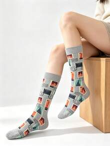 1 Pair Gray Postage Stamp Pattern Mid-Calf Women's Socks, Vintage Postmark Style Socks, Elastic Ribbed Cuff Breathable Socks For Daily Wear - Multicolor - View 9