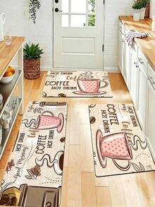 1pc Pink Coffee Cup Pattern Printed Kitchen Mat, Suitable For Home Kitchen, Dining Room, Living Room, Room Decoration - Baby Pink - View 4