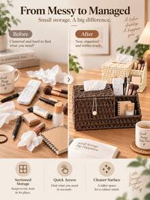1pc Woven Storage Basket, Handmade Rope Multi-Compartment Storage Box With Lid, Decorative Desktop Organizer For Cosmetics, Stationery, Remote Controls, Suitable For Bedroom, Bathroom And Home Decor - Multicolor - View 4