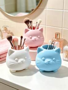 3D Printed Cute Cat Shaped Pen Holder, 3D Round Cute Highly Attractive Design, Large Capacity Storage For Makeup Brushes And Stationery, Desktop Vanity Organizer And Decor Dual-Use, Multiple Colors Available Healing Home Decor - Multicolor - View 5