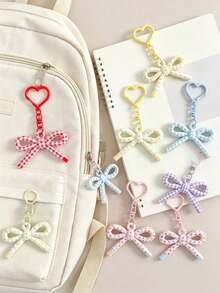 10/5/1pc Colorful Plaid Polka Dot Bow Keychain, Heart Buckle Cute Bag Pendant, Macaron Color Bow Hanging Decoration Accessory - Multicolor - View 4