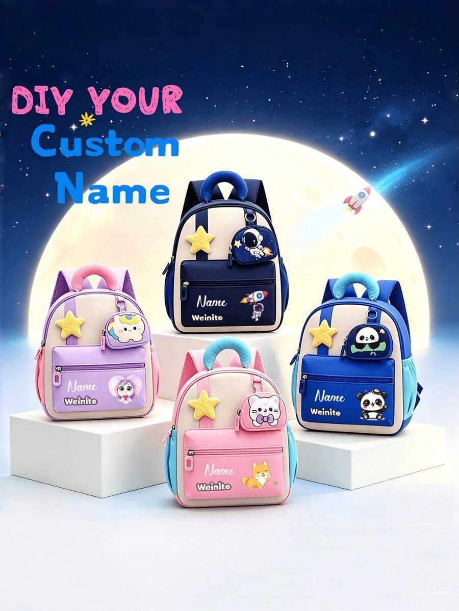 1pc Personalized Custom Backpack Fashionable Cute Unicorn, Panda, Puppy, Astronaut Theme Print, Zipper Closure Nylon Material, Comes With Mini Round Coin Purse, Adjustable Shoulder Strap, Handheld, Suitable For School, Commuting, Shopping, Daily Use. Birthday Gift. - Multicolor - View 1