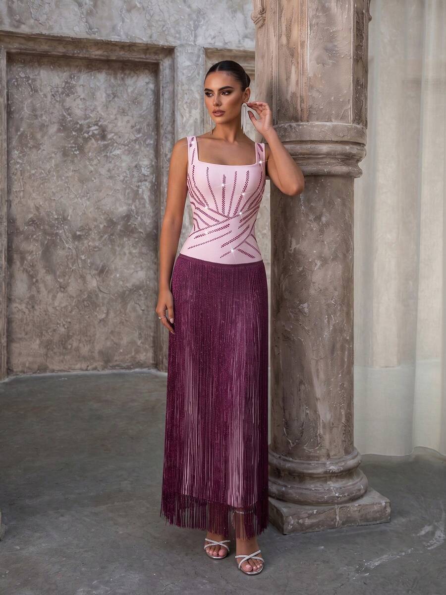 Modphy New Women's Sexy Square Neck Sleeveless Backless Heavy Embellished Rhinestone Fringe Bandage Long Dress, Wedding Party Formal Evening Gown - Pink - View 1