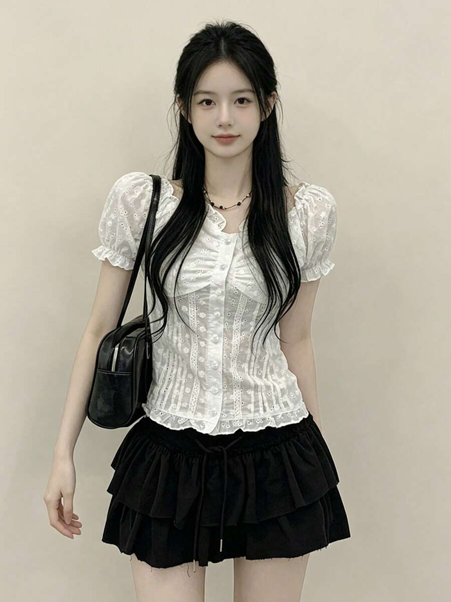YCYC 韓式寬鬆設計半透花卉紋理女款鈕扣短袖休閒襯衫 白色夏季 - 白色 - 查看 1