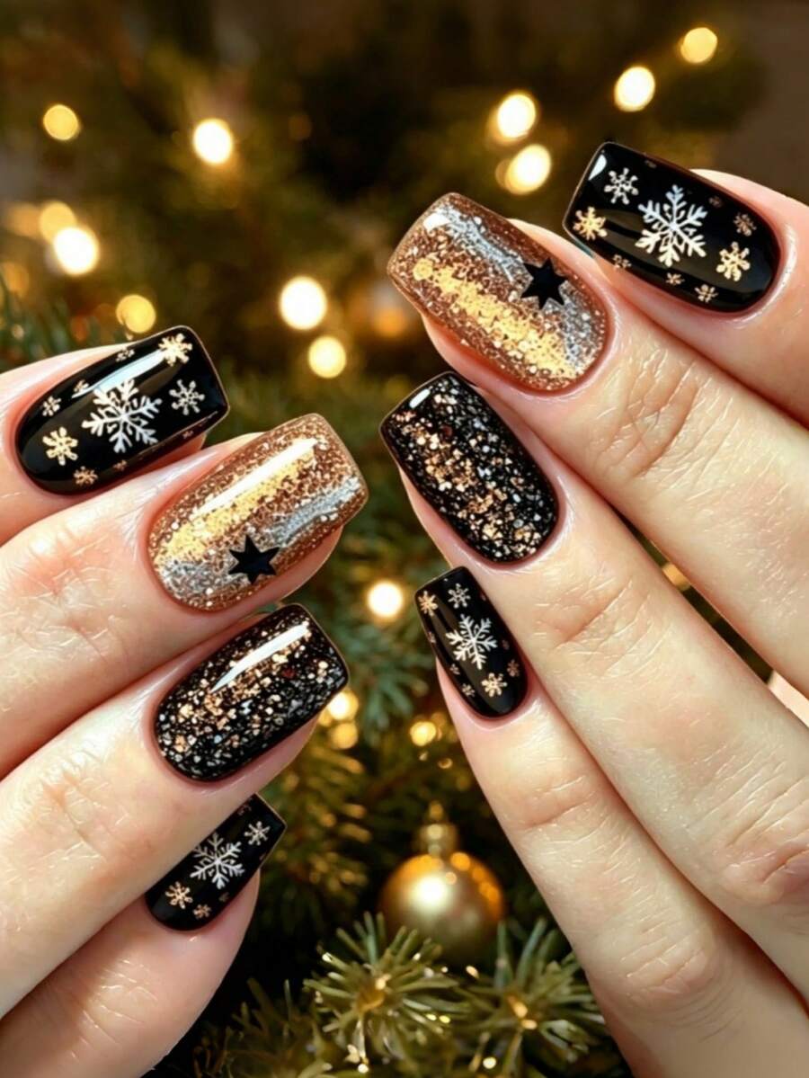 24 Pieces Black Background Gold Glittering Snowflake Star Christmas Holiday Fake Nails, Medium-Long Rectangular Style Accessories - Gold - View 1