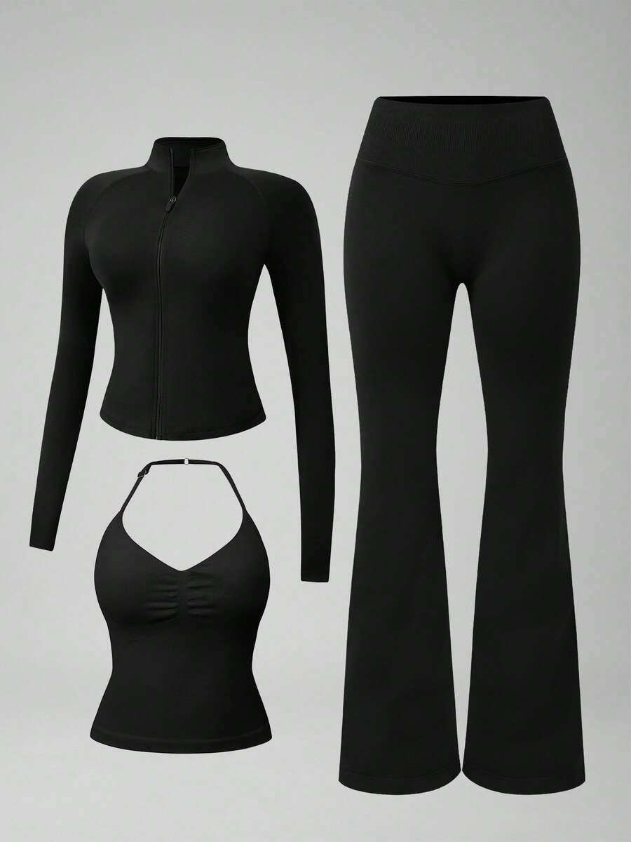 NcmRyu Women's 3 Pieces Set Autumn/Winter Halter Adjustable Tank Top Zipper Stand Collar Jacket Butt-Lifting Flare Pants Fitness Outfit - Black - View 1