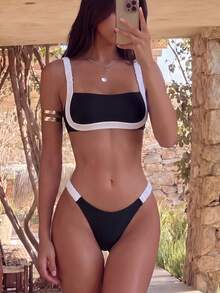 撞色简约女士比基尼套装，夏季海滩度假黑色 - 黑色 - 查看 8