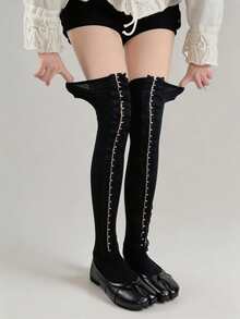 STAR RIVER Japanese Vintage Y2K Hollow Turn Collar Metal Button Over Knee Socks, Gothic Lace Trim Long Tube Socks Ins - Multicolor - View 7