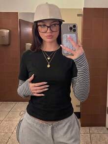 Vintage Striped 2 In 1 Long Sleeve T-Shirt Women's Autumn Inner Layer Base Top Design - Black - View 5