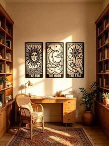 3pcs Tarot Metal Wall Decor, Celestial Tarot Card Wall Decor, Sun Moon Star Vertical Decor, Mysterious Celestial Tarot Wall Decor, Home Decor, Scene Decor, Theme Party Decor - Black - View 7