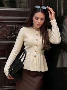 2026SS New French Style Fitted Waist Fishtail Hem Knit Cardigan, Slim Fit Textured Round Neck Single-Breasted Short Sweater - Apricot - View 1