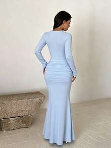 Autumn Solid Color U-Neck Mesh Patchwork Long Sleeve Dress Women Elegant Casual Party - Blue - View 6