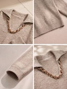 JIANHU Autumn/Winter Casual Sweater, Decorated With Crochet Lace Trim And Ribbed Cuffs - Khaki - View 11
