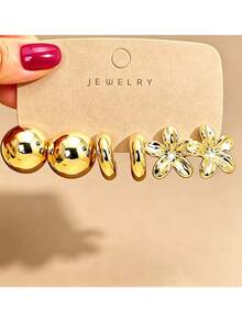 6/18PCS Fashionable Elegant Floral Geometric Texture Halo Twisted Earrings Set, Suitable For Party, Banquet, Travel, Wedding, Vacation, Daily Wear Jewelry Gift (Lightweight ABS Material, Non-Fading) - Gold - View 1