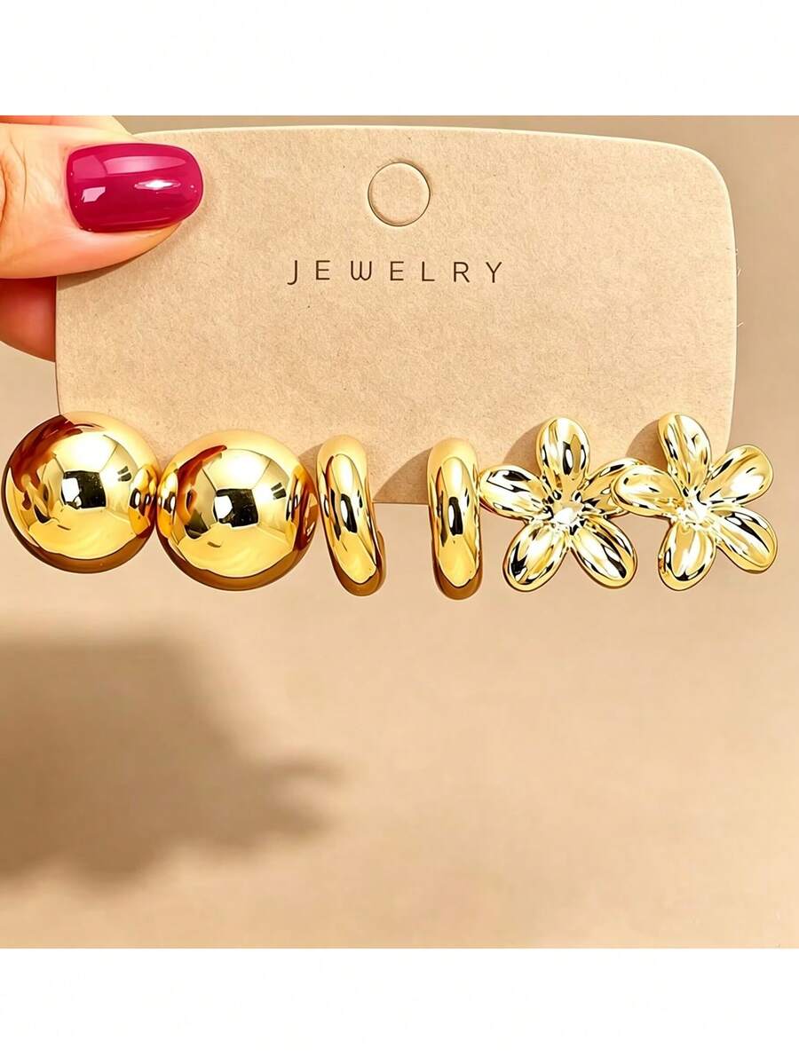 6/18PCS Fashionable Elegant Floral Geometric Texture Halo Twisted Earrings Set, Suitable For Party, Banquet, Travel, Wedding, Vacation, Daily Wear Jewelry Gift (Lightweight ABS Material, Non-Fading) - Gold - View 1