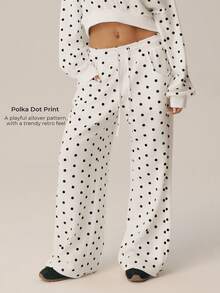 Women's Polka Dot Wide Leg Sweatpants, Elastic Drawstring Waist, Side Pockets, Casual Jogging Pants Bottoms - Beige - View 9