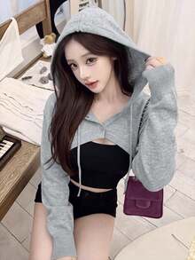 2026 Hot Girl Style Hooded Drawstring Ultra Short Knit Cover-Up, Loose Long Sleeve Cropped Cover Up Sweatshirt, Casual Layered Short Sweatshirt-Style Knit Top, Spring/Autumn/Winter Street Sweet & Cool Outfit, 18-35 Women's Outerwear - Gray - View 4