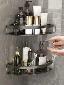 1 Estante de esquina, estante de almacenamiento para baño y cocina, estante de almacenamiento para baño sin perforaciones, estante de almacenamiento triangular para baño y cocina montado en la pared. - Negro - Ver 3