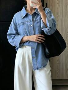 Women's Casual Loose Denim Shirt Jacket With Pockets - Medium Wash - View 7