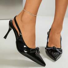 Women's Black Patent Leather Pointed Toe Slingback High Heels With Bow Detail, Elegant Stiletto Pumps For Date, Wedding And Summer Party - Black - View 1